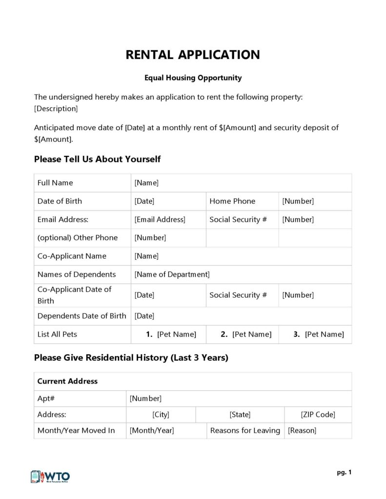 Printable Rental Application Template Word