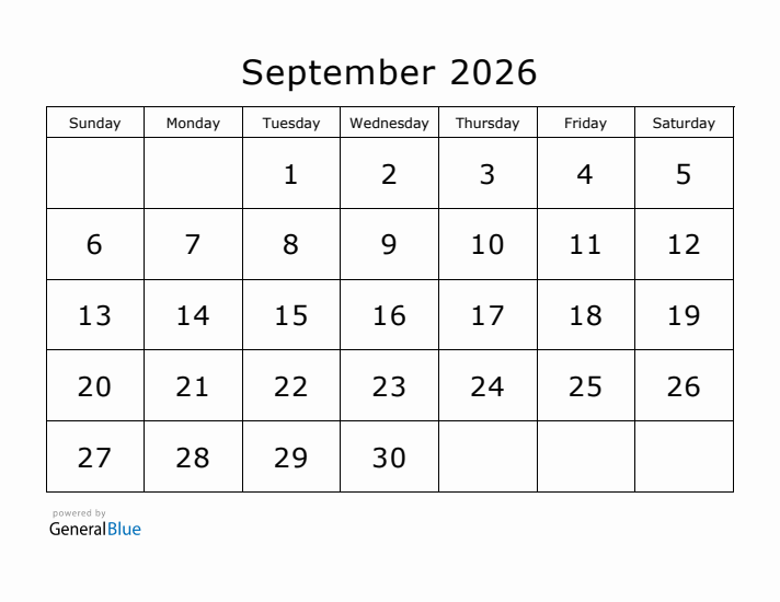 Printable September 2026 Calendar