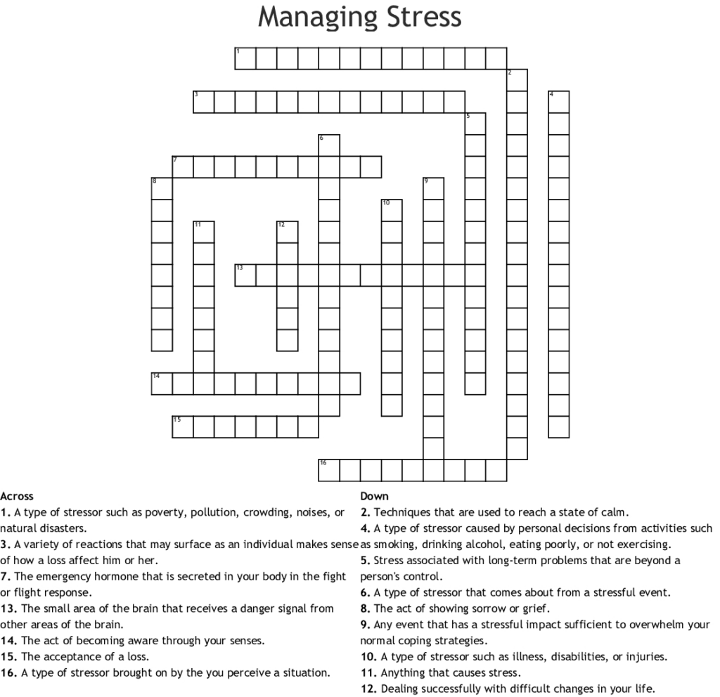 Printable Stress Management Crossword Puzzle Printable Crossword Puzzles