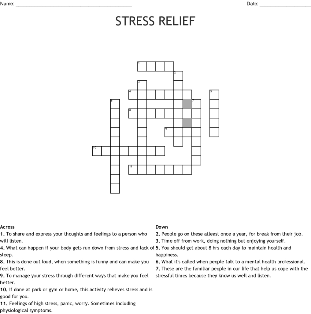 Printable Worksheets Printable Stress Management Crossword Puzzle 