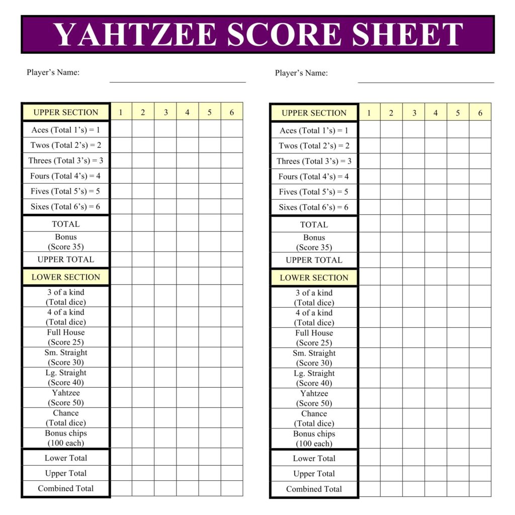 Printable Yahtzee Score Cards