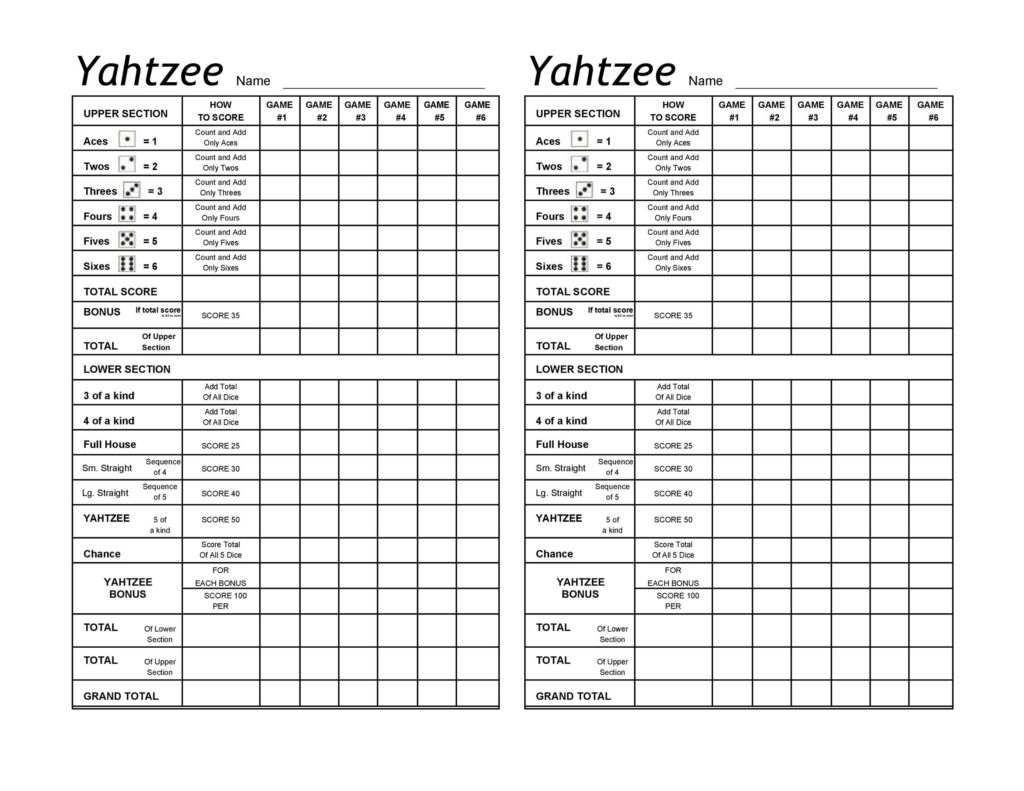 Printable Yahtzee Score Sheets