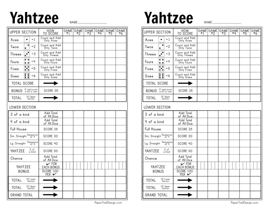 Printable Yahtzee Sheet