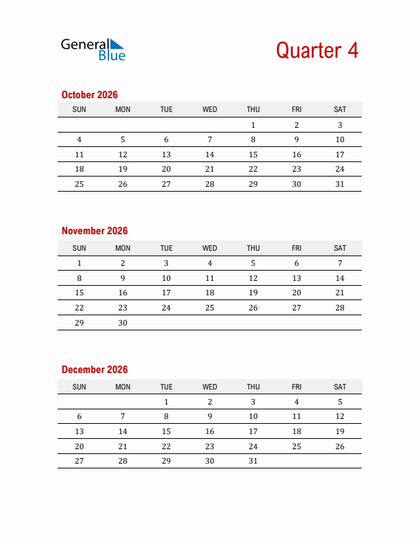 Quarter 4 2026 Calendar Printable PDF Word Excel 