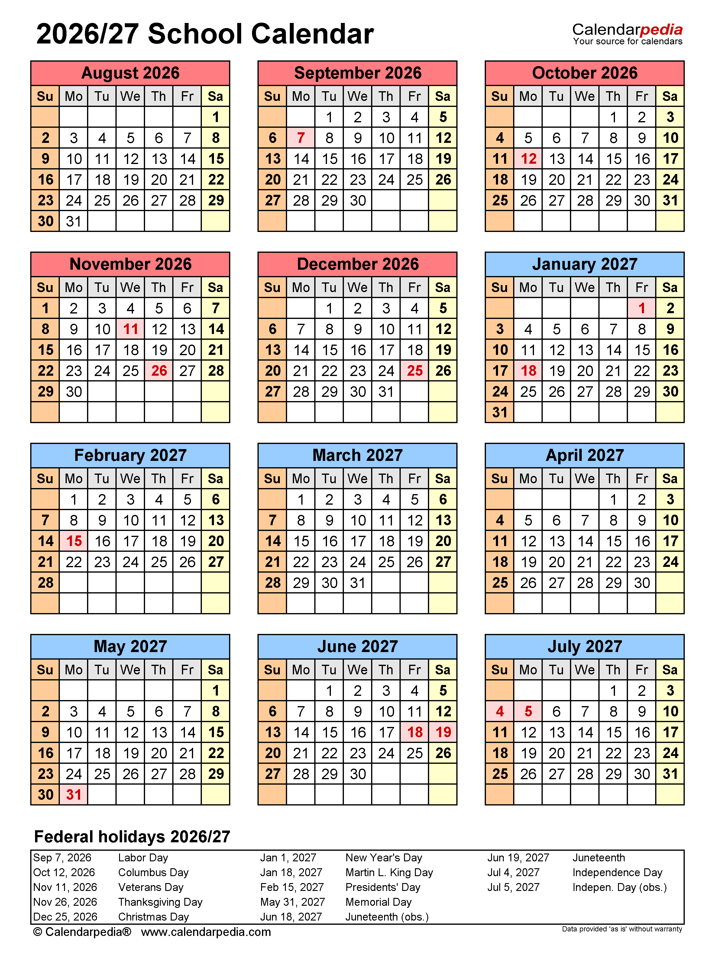 School Calendars 2026 2027 Free Printable PDF Templates