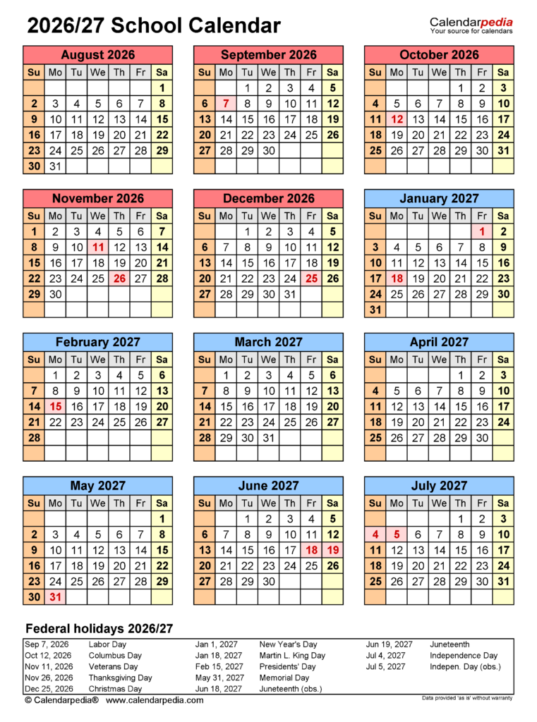 School Calendars 2026 2027 Free Printable PDF Templates