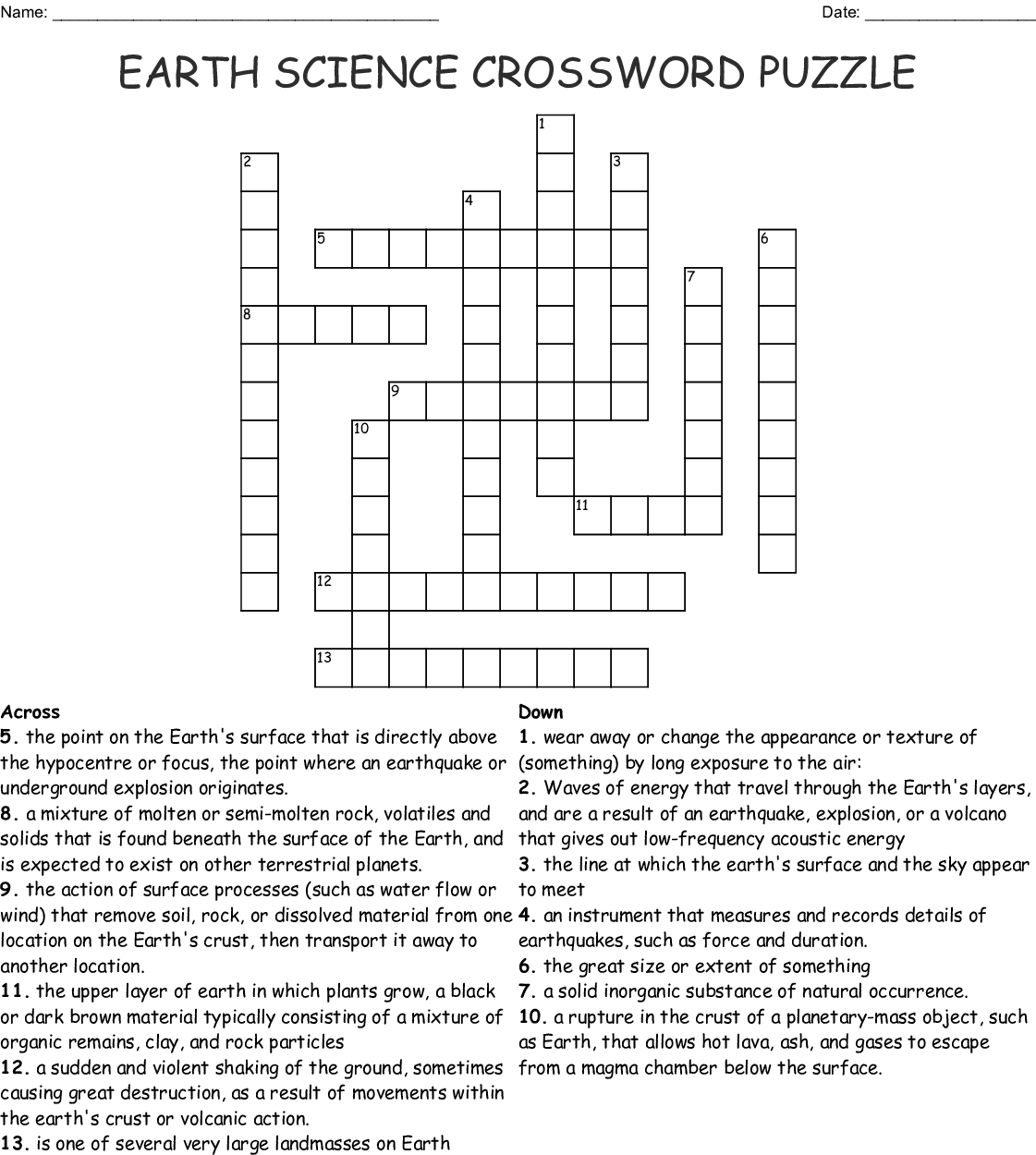Science Crossword Puzzles With Answers