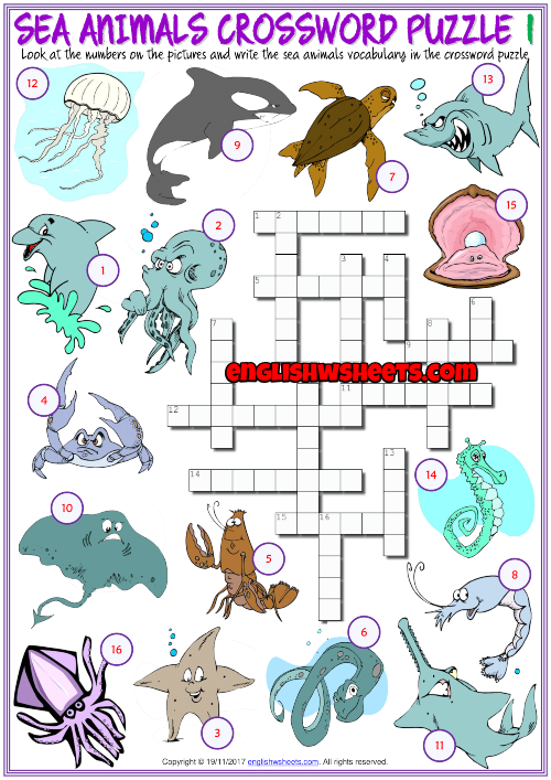 Sea Animals ESL Printable Crossword Puzzle Worksheets