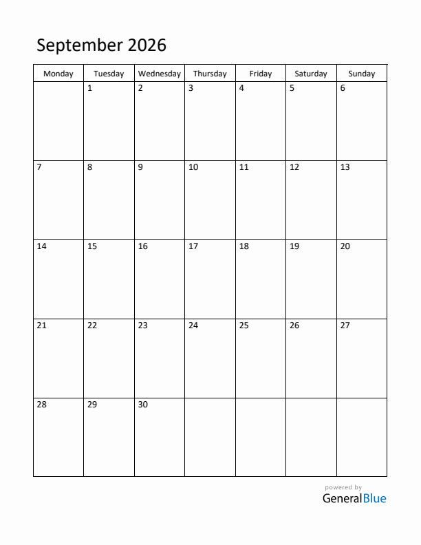 September 2026 Monday Start Calendar PDF Excel Word 