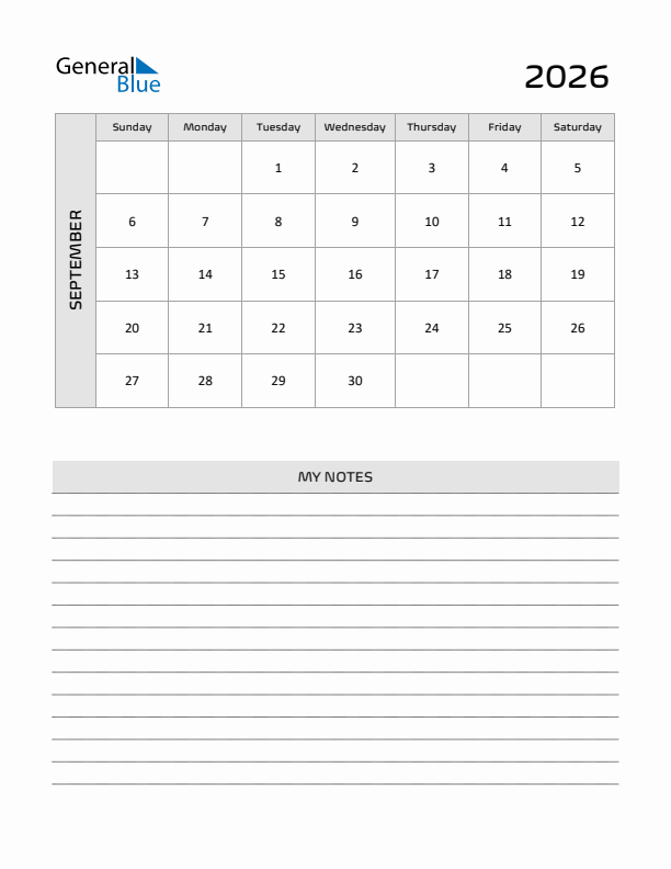 September 2026 Printable Monthly Calendar With Notes