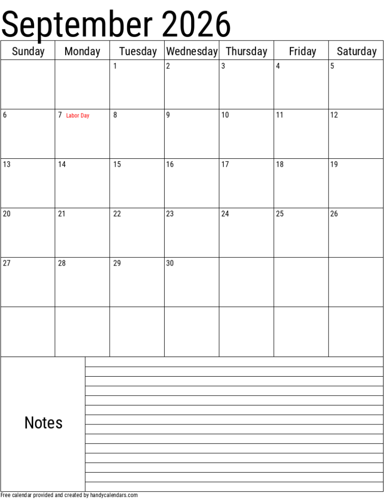 September 2026 Vertical Calendar With Notes And Holidays Handy Calendars