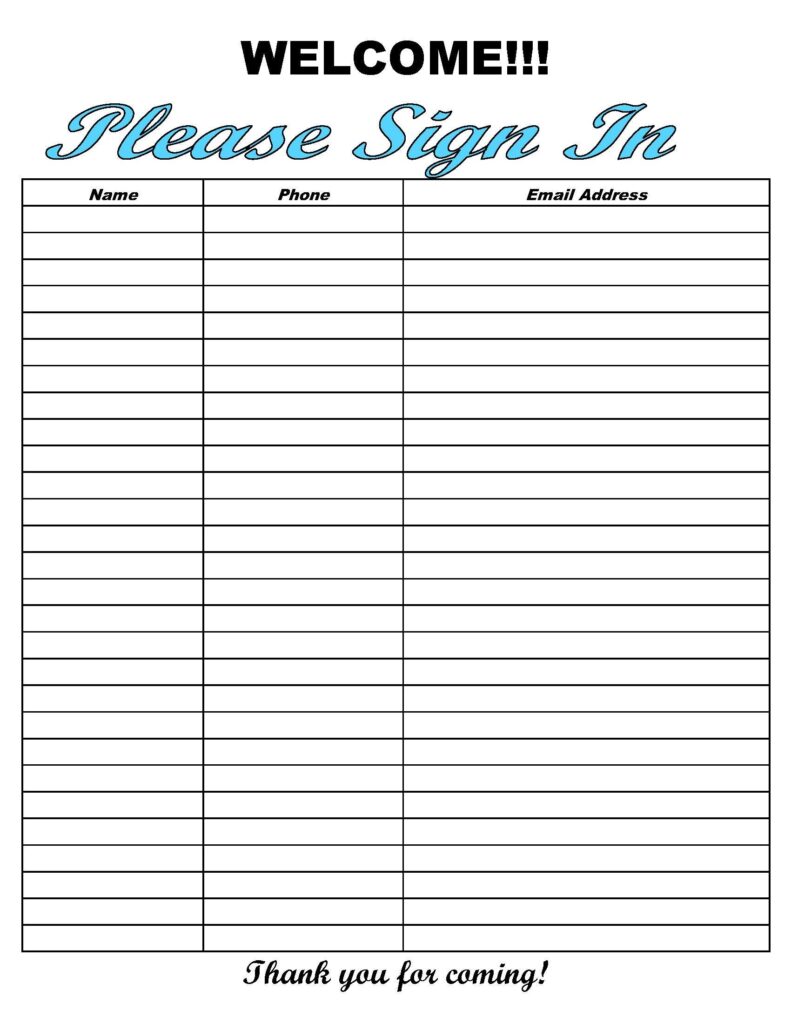 Sign In Sheet Printable PDF Fillable Sign Up Sheet Event Sign In 