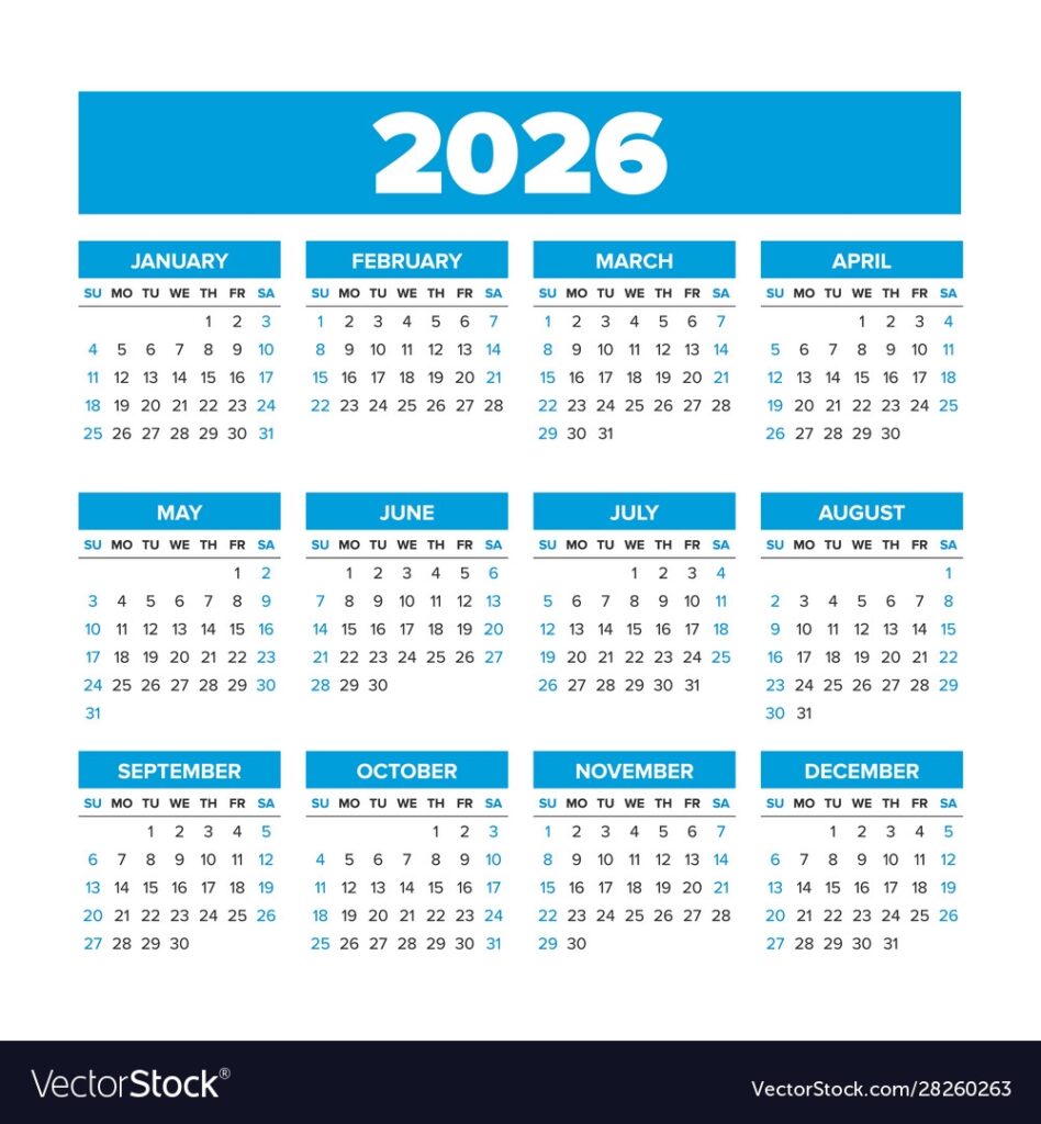 Simple Calendar 2026 Weeks Start On Sunday Vector Image