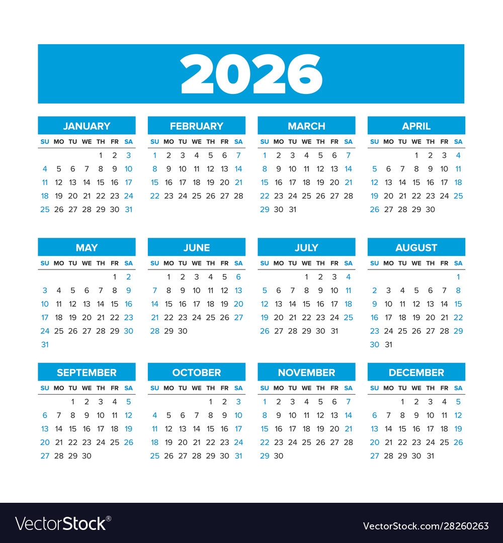 Simple Calendar 2026 Weeks Start On Sunday Vector Image