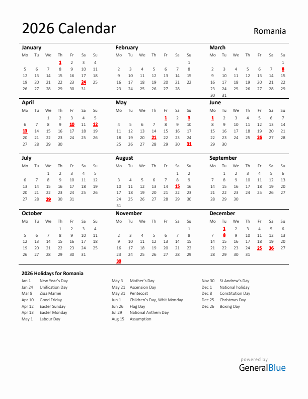 Standard Holiday Calendar For 2026 With Romania Holidays