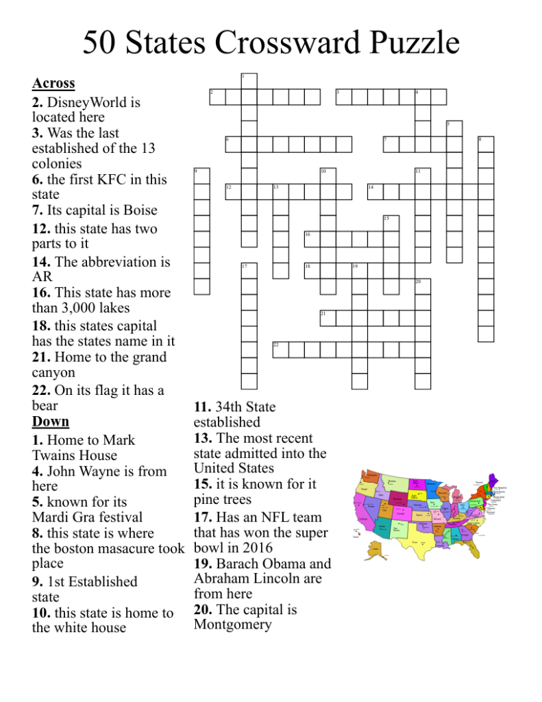 States Crossword Puzzle Printable