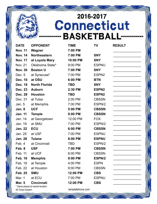 Uconn Women s Basketball Printable Schedule