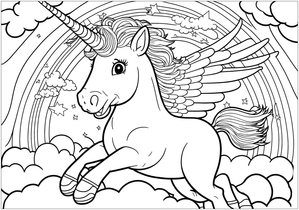 Unicorn In The Sky With A Rainbow Unicorn Coloring Pages For Kids