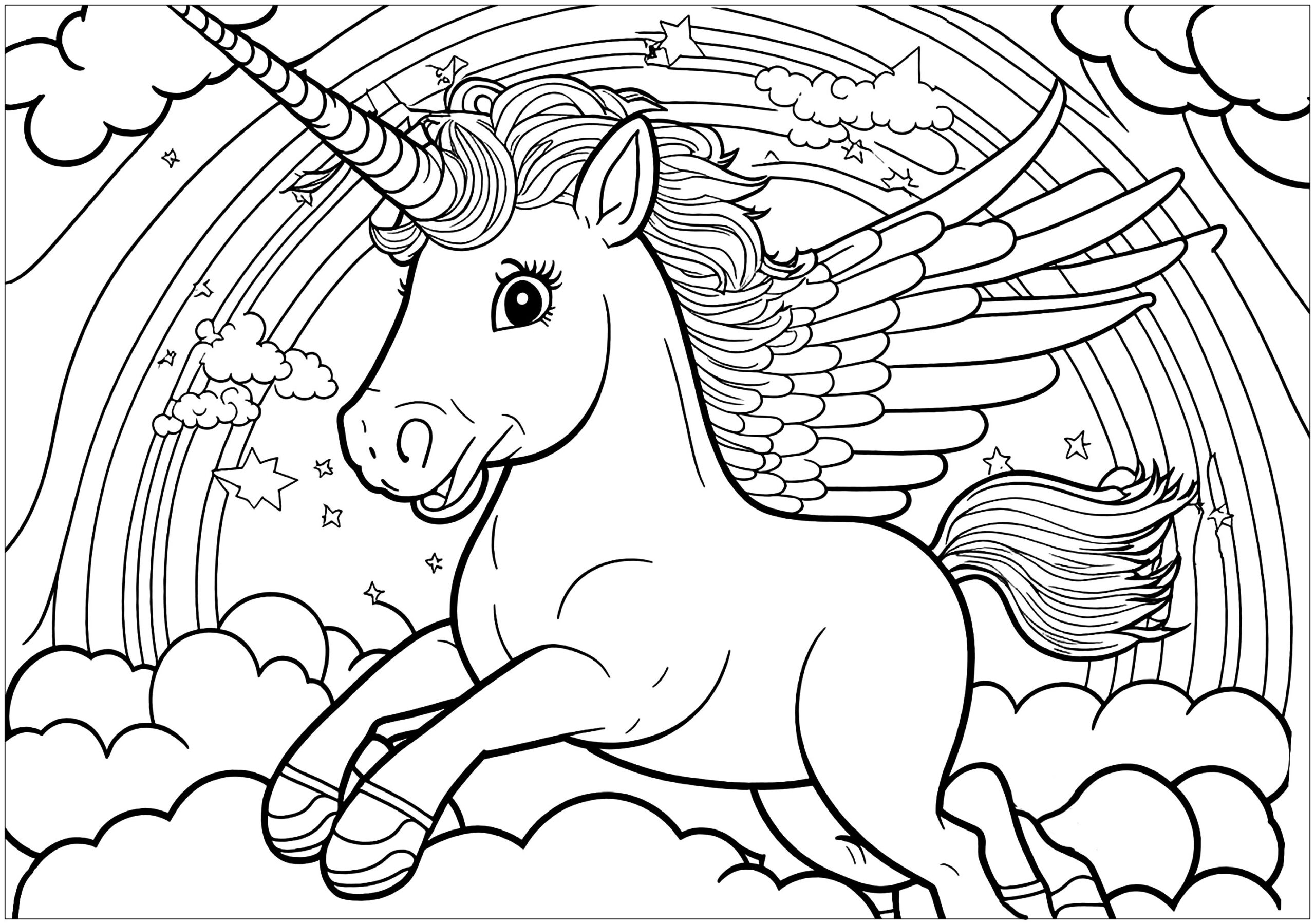 Unicorn In The Sky With A Rainbow Unicorn Coloring Pages For Kids
