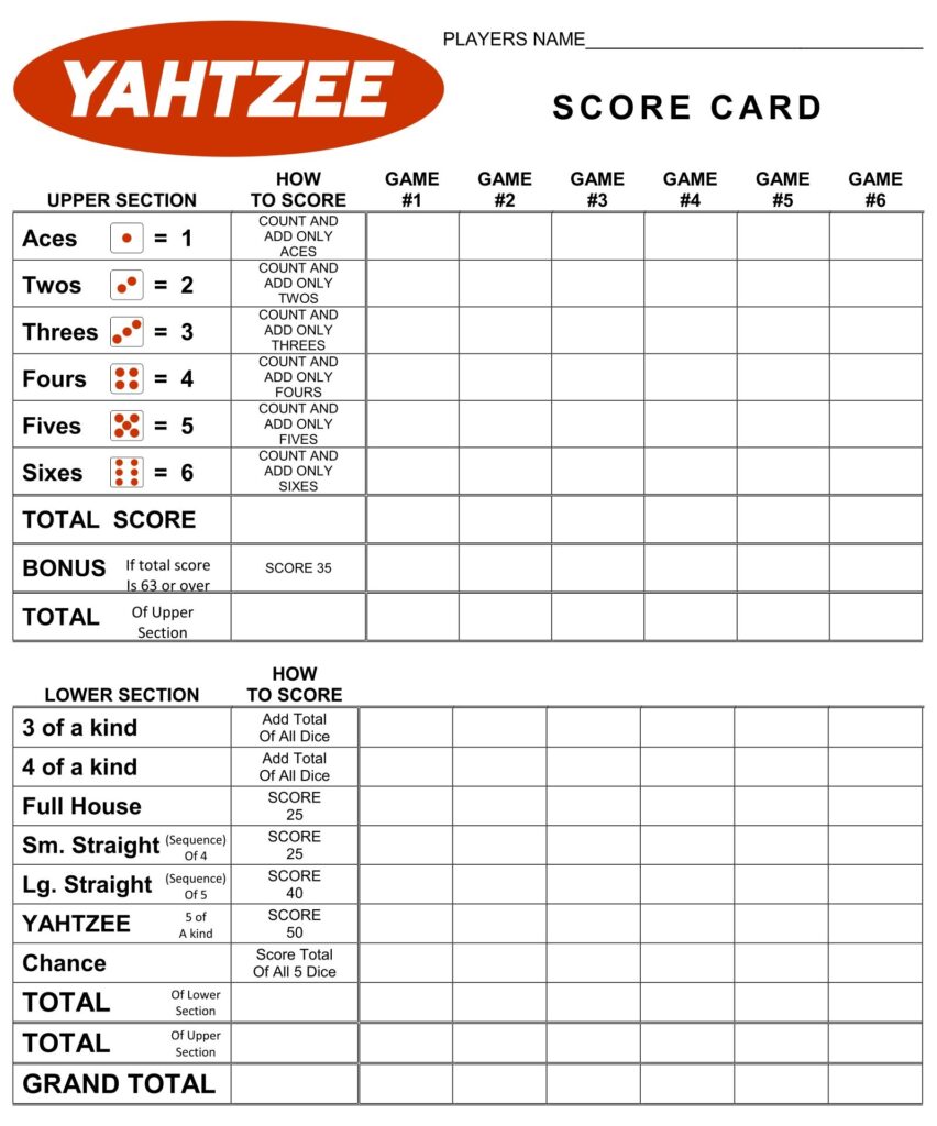 Yahtzee Printable Score Card