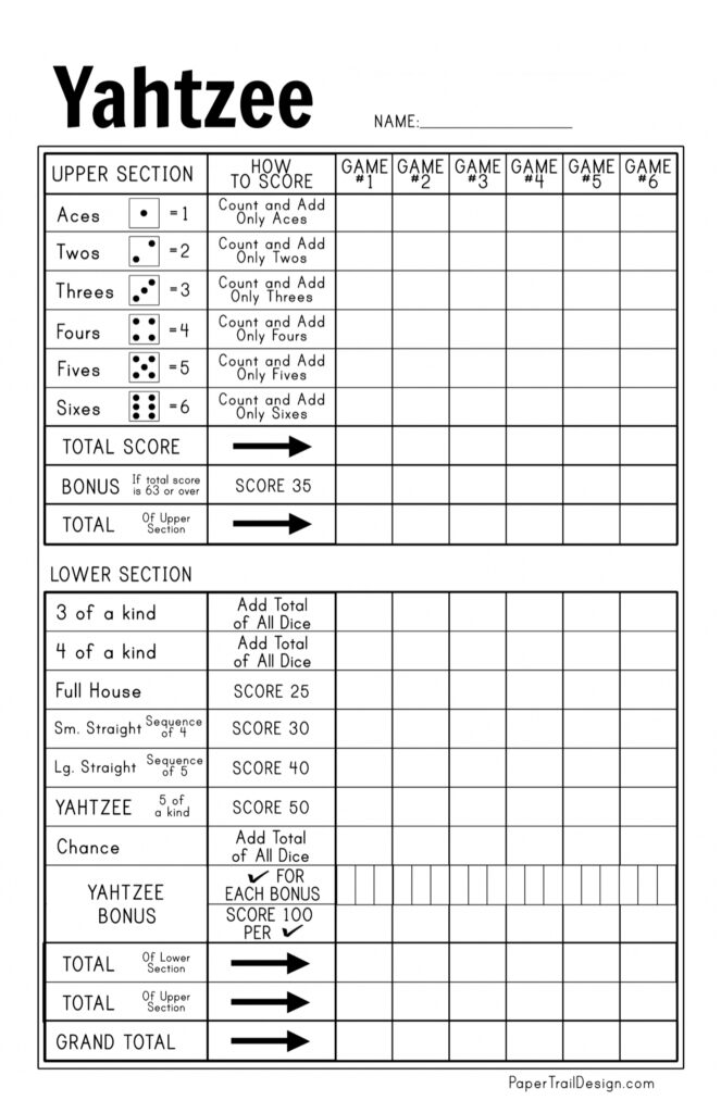 Yahtzee Score Card Printable