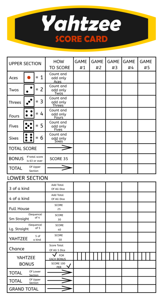 Yahtzee Score Card Printable Free