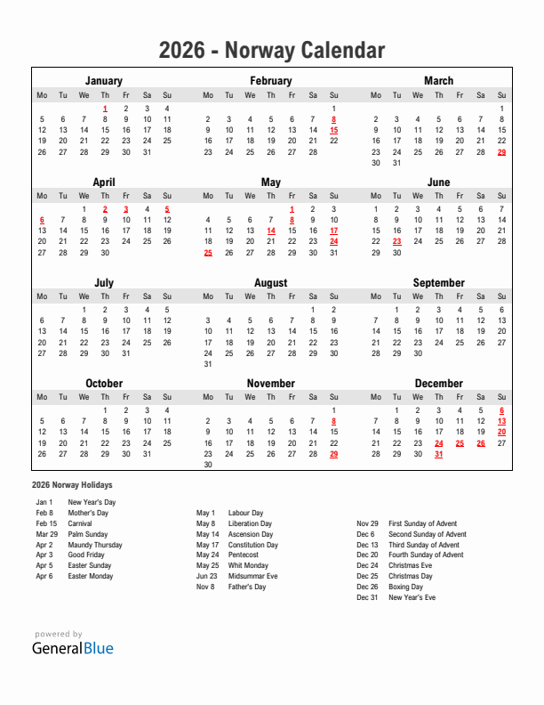 Year 2026 Simple Calendar With Holidays In Norway