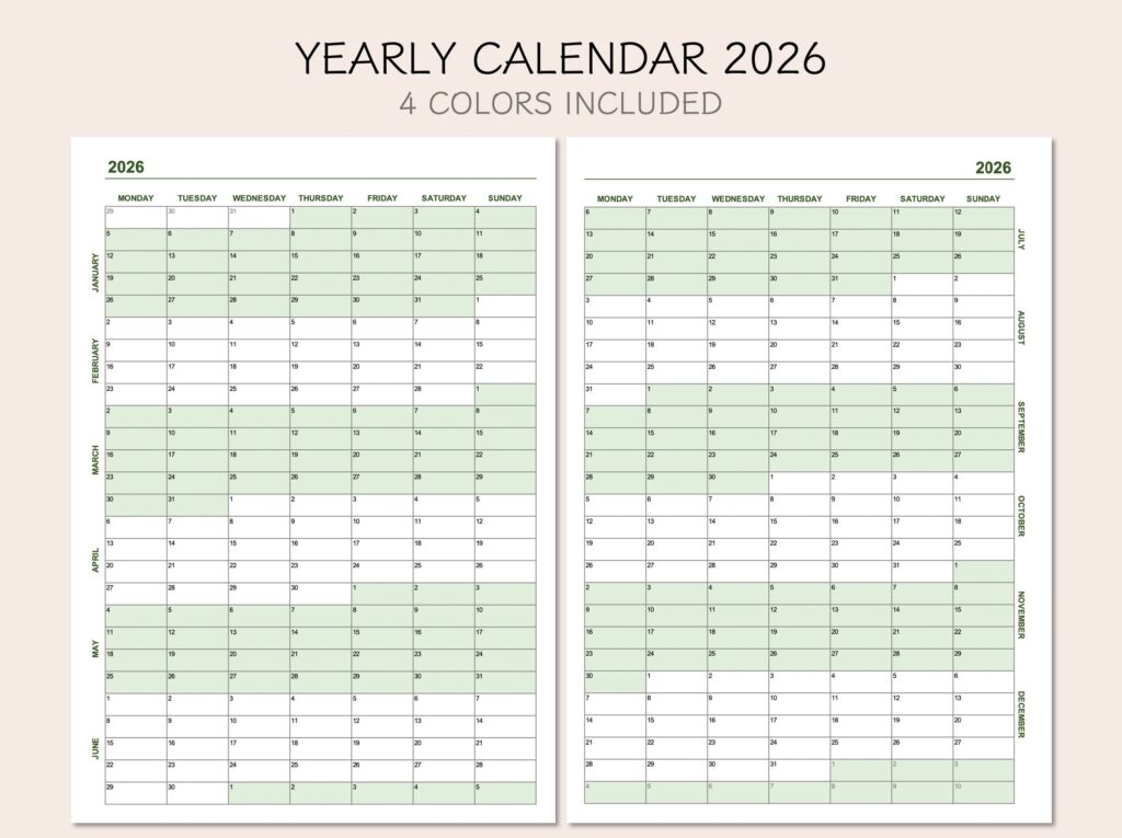 Yearly Calendar 2026 Printable Calendar 2026 Year At A Glance 2026