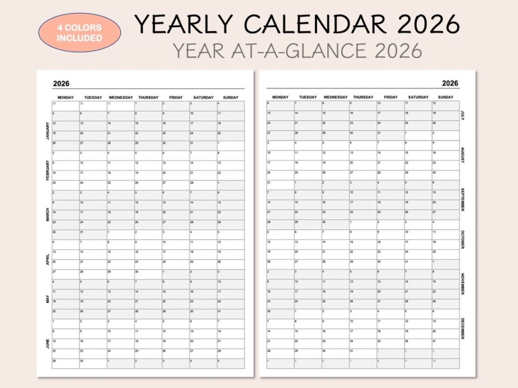 Yearly Calendar 2026 Printable Calendar 2026 Year At A Glance 2026