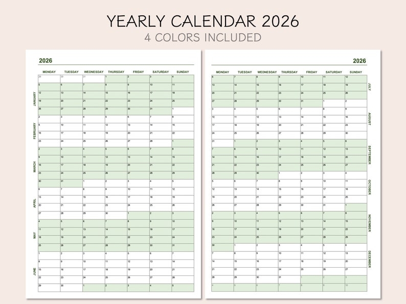 Yearly Calendar 2026 Printable Calendar 2026 Year At A Glance 2026