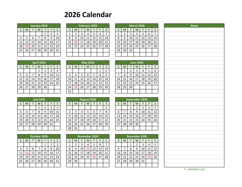 Yearly Printable 2026 Calendar With Notes WikiDates