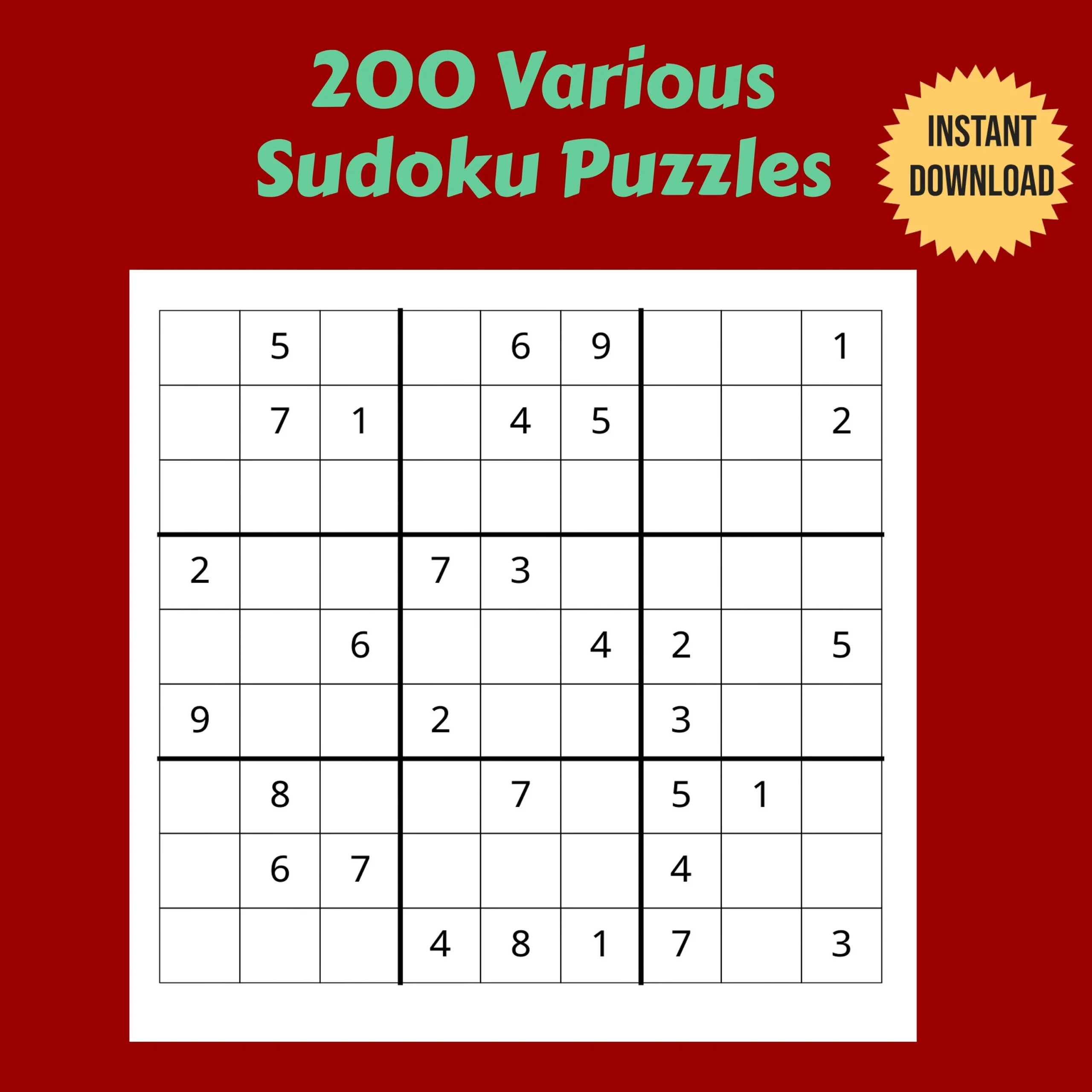 200 Variety Of Printable Sudoku Puzzles Easy Medium And Hard Etsy Israel