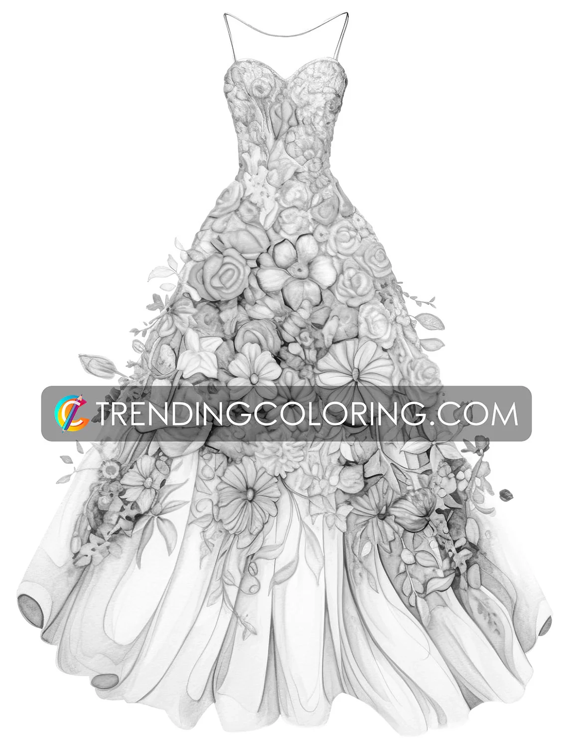 25 Floral Dress Grayscale Coloring Pages Instant Download Printabl Trending Coloring
