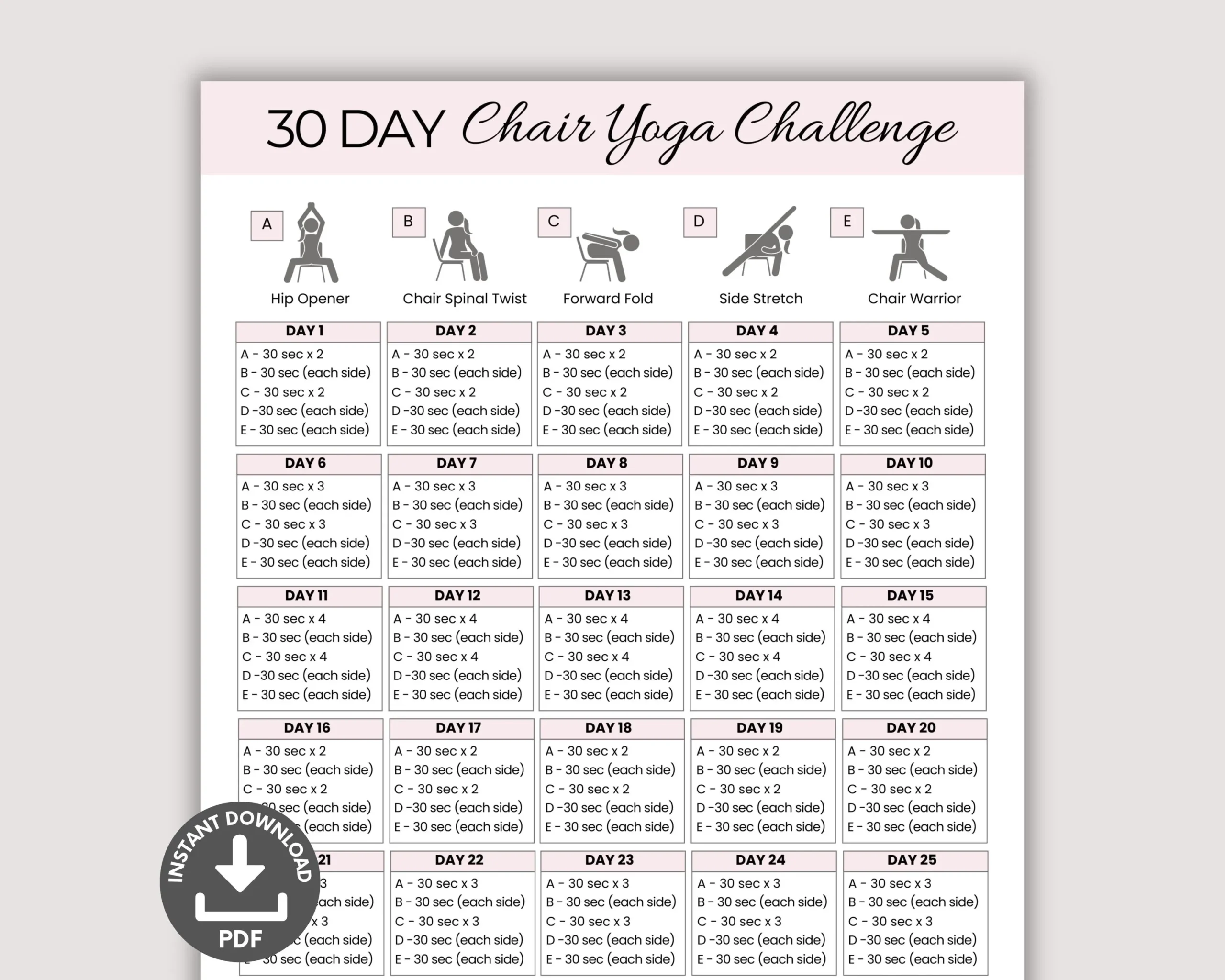30 Day Chair Yoga Challenge Quick Office Workout Sitting Workout Chair Exercises Guide Seated Fitness Exercise For Seniors Printable Etsy