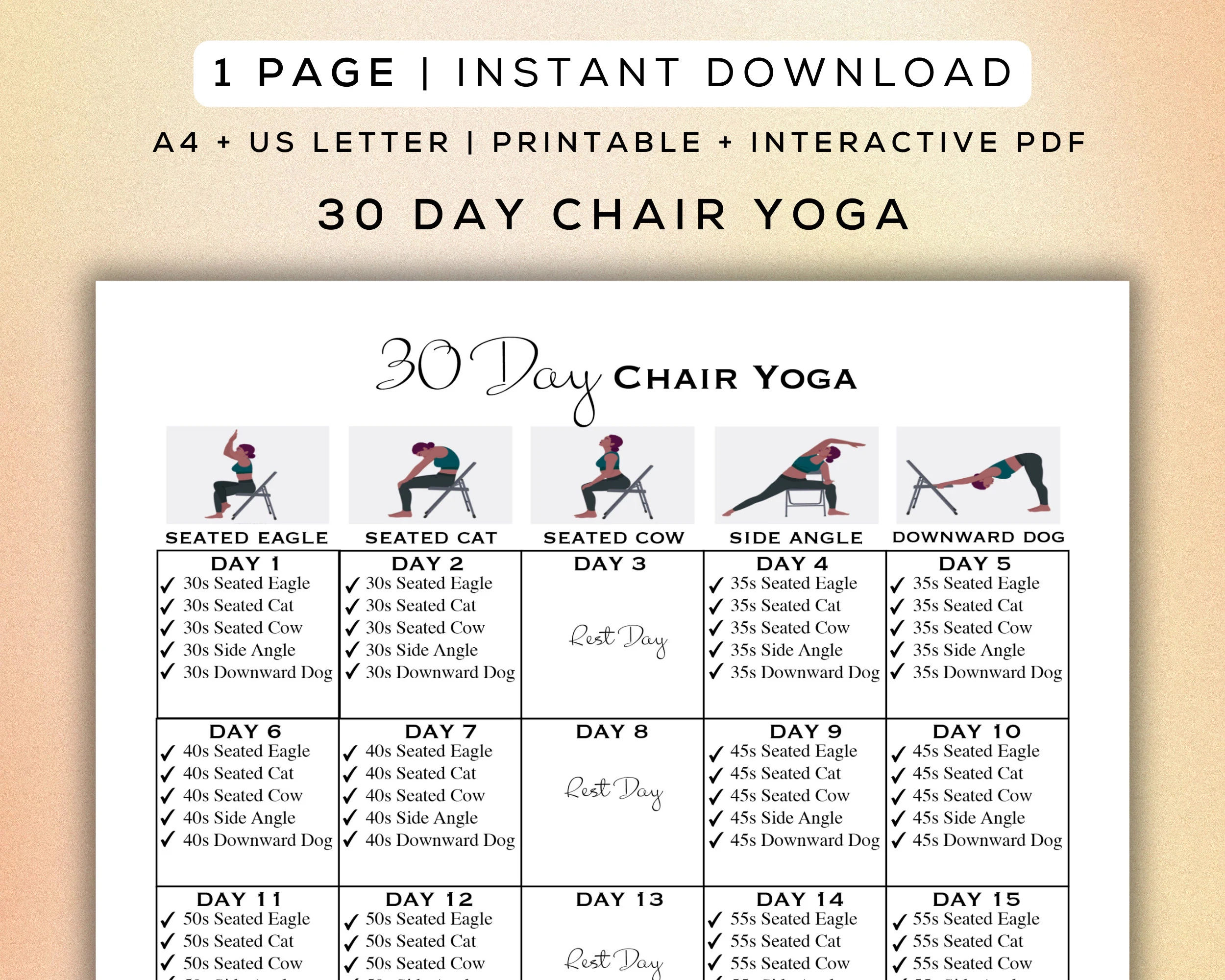30 Day Chair Yoga Flow Printable Interactive PDF Easy To Follow Poses Beginner Friendly Workout Digital Gym Guide A4 US Letter Etsy