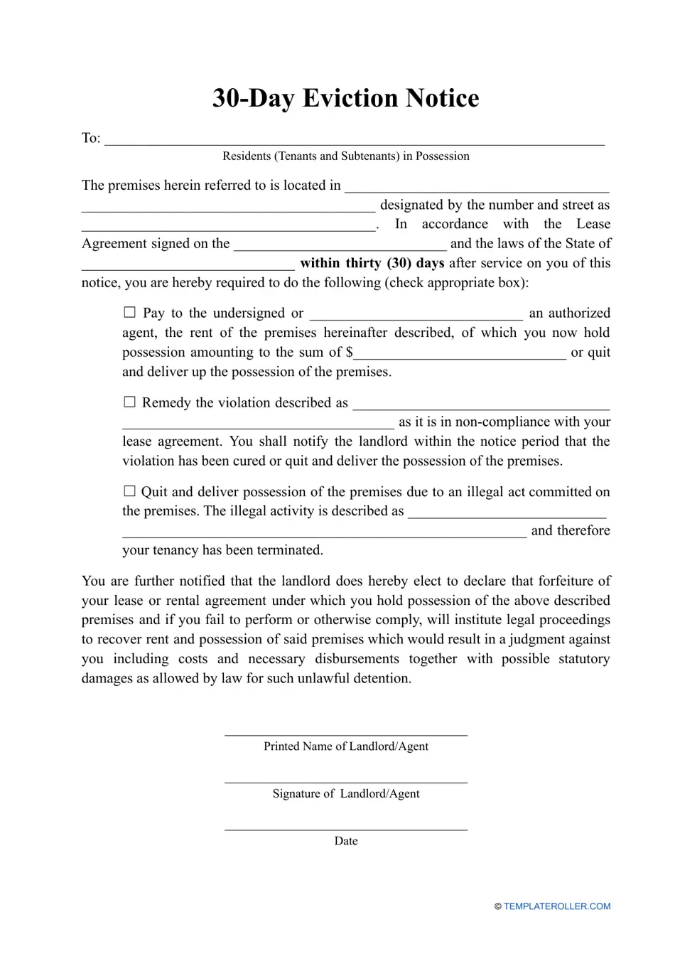 30 day Notice Template Fill Out Sign Online And Download PDF Templateroller