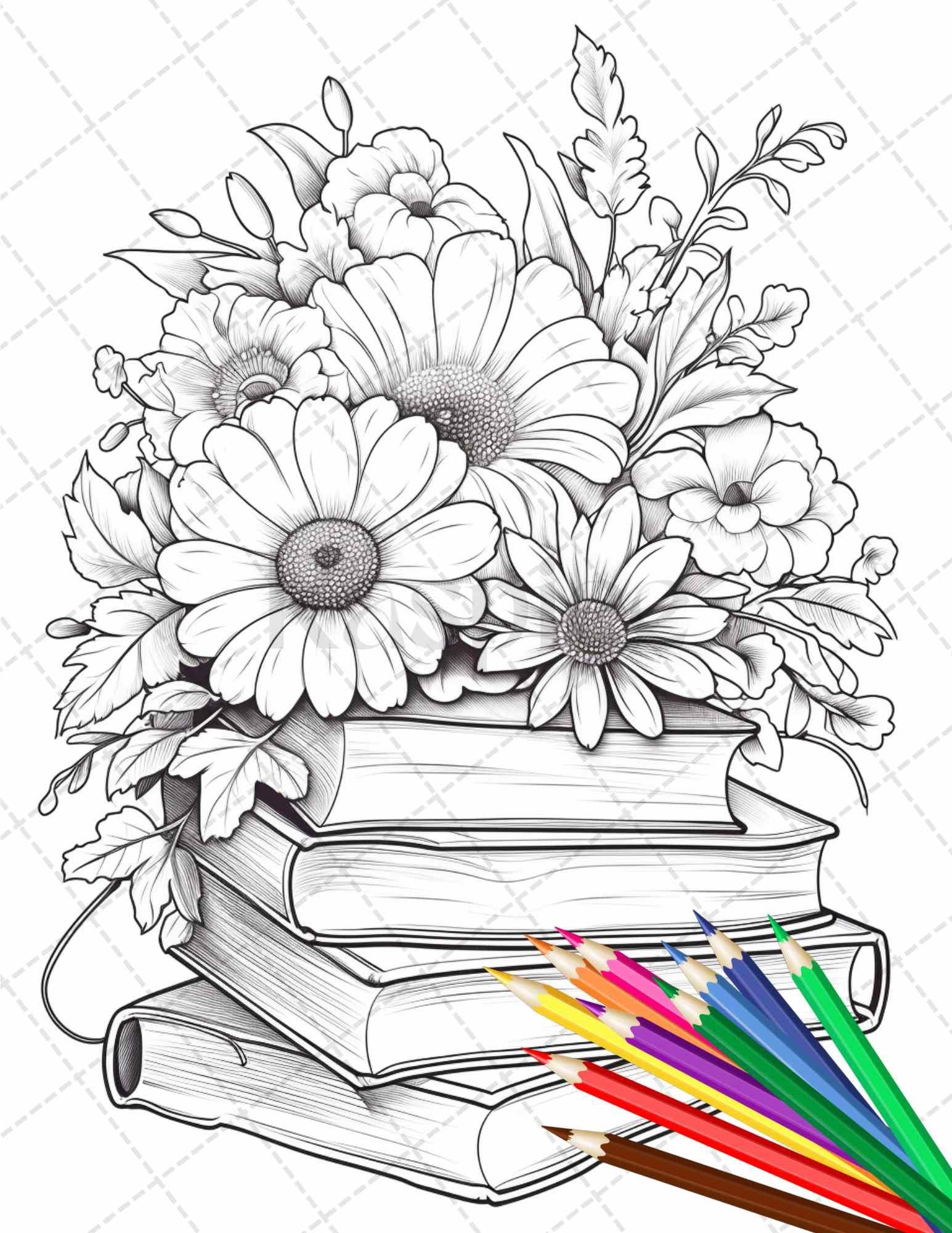 31 Book Flowers Coloring Pages Printable For Adults Grayscale Colorin RASPIEE