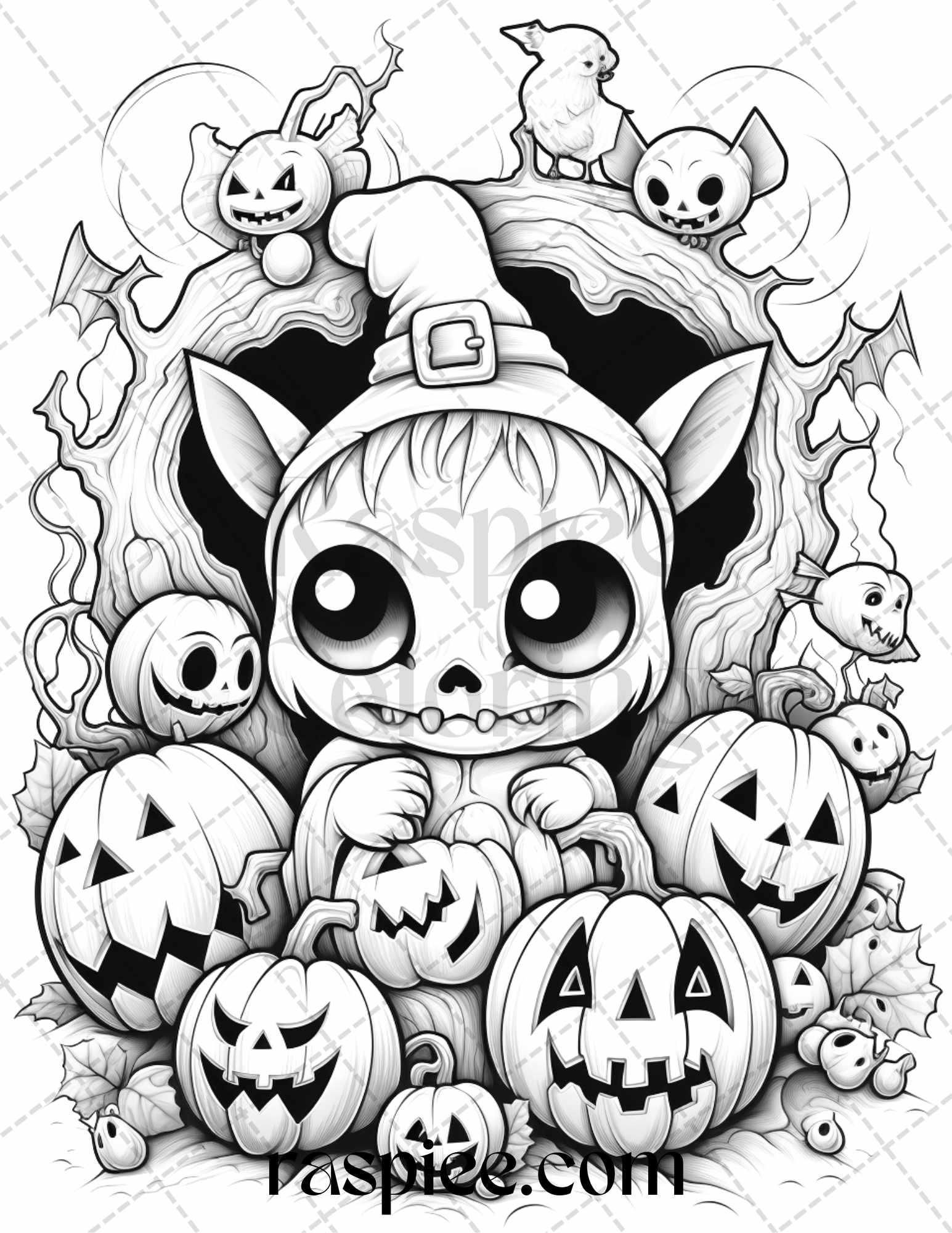 40 Halloween Creepy Kawaii Grayscale Coloring Pages For Adults And Kid RASPIEE