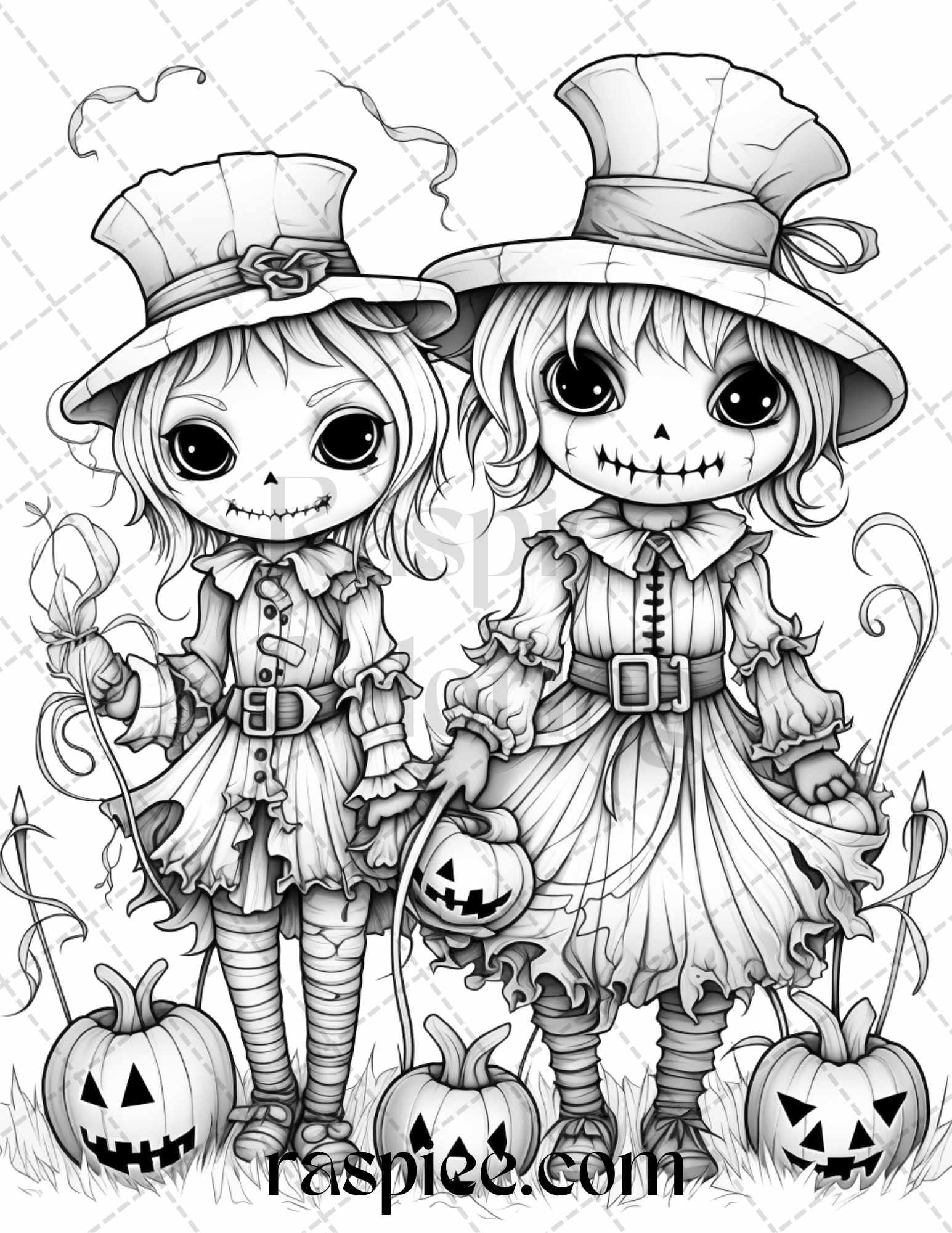 40 Halloween Creepy Kawaii Grayscale Coloring Pages For Adults And Kid RASPIEE