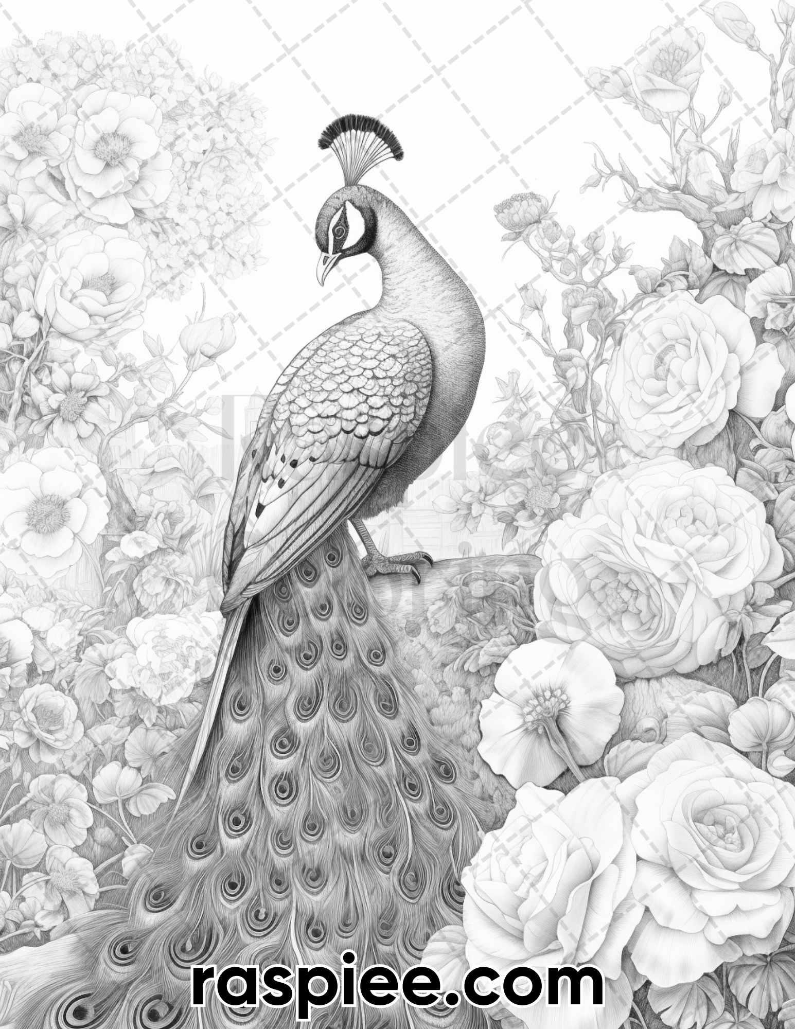 40 Majestic Peacocks Grayscale Adult Coloring Pages Printable PDF Ins RASPIEE