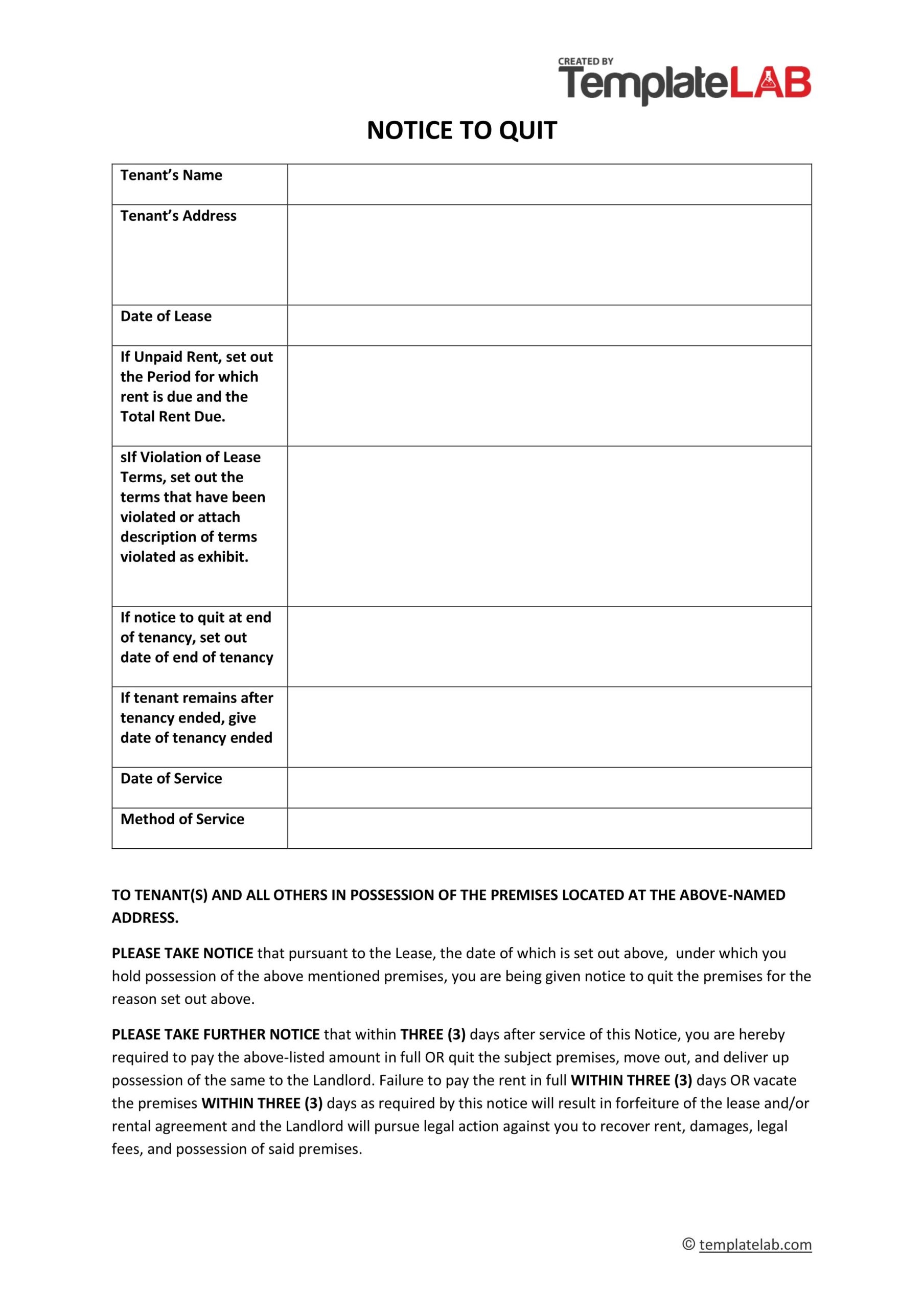 45 Notice To Quit Letters Templates 3 7 14 30 60 Days 