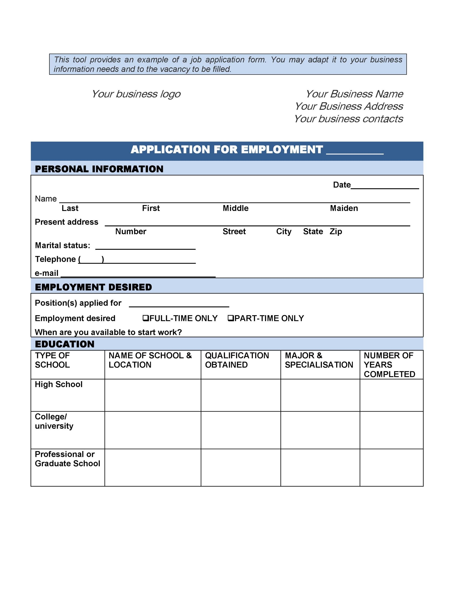 56 Free Employment Job Application Form Templates Printable TemplateLab