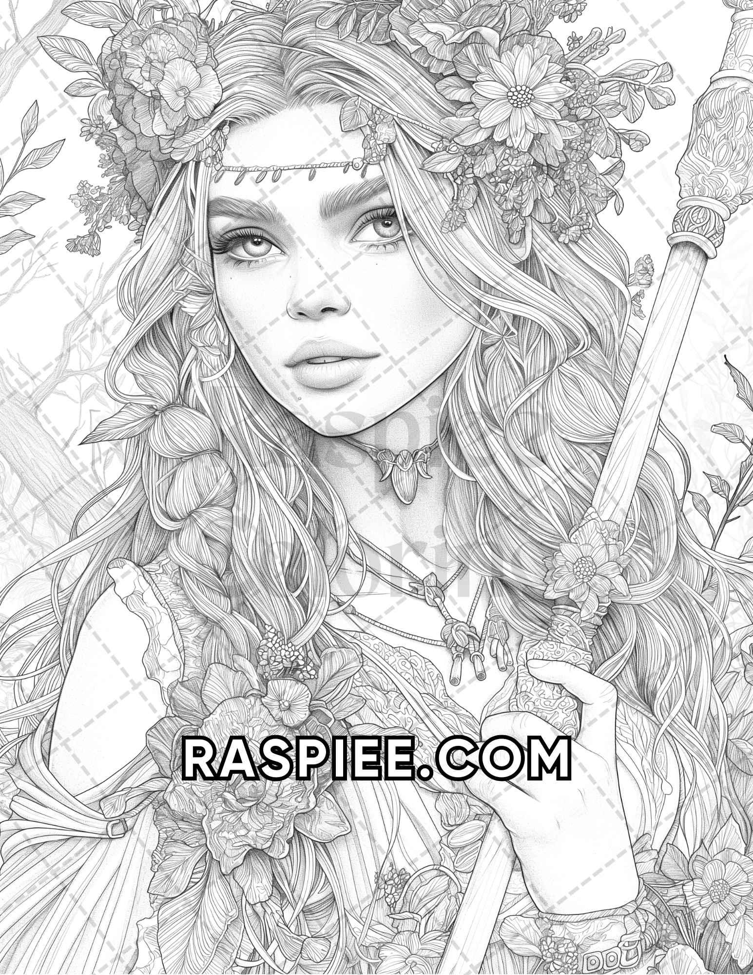 60 Fantasy Beauties Grayscale Adult Coloring Pages Printable PDF Insta RASPIEE