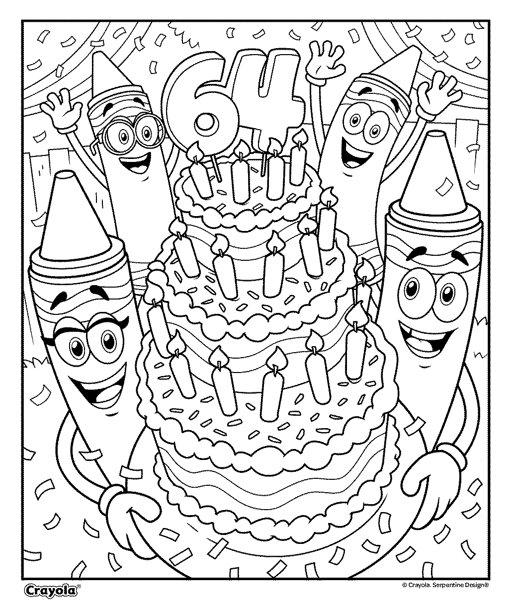 64 Count Crayon Birthday Cake Coloring Page