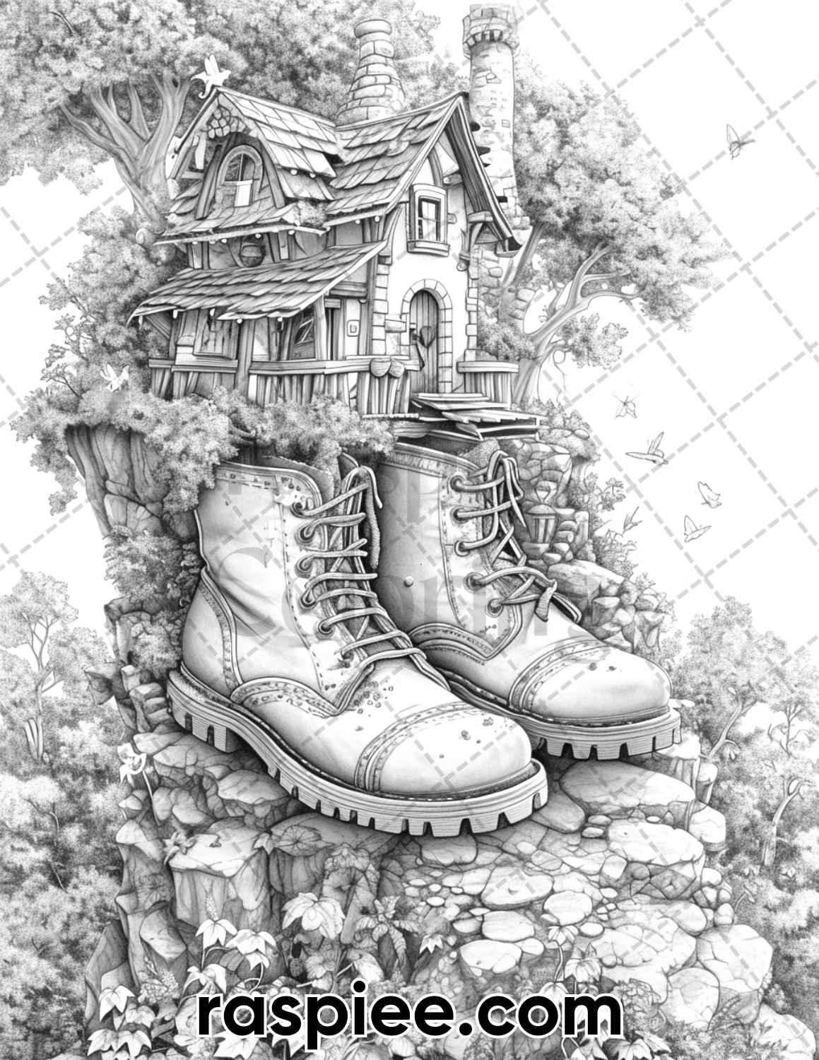 80 Fantasy Shoe House Grayscale Adult Coloring Pages Printable PDF In RASPIEE