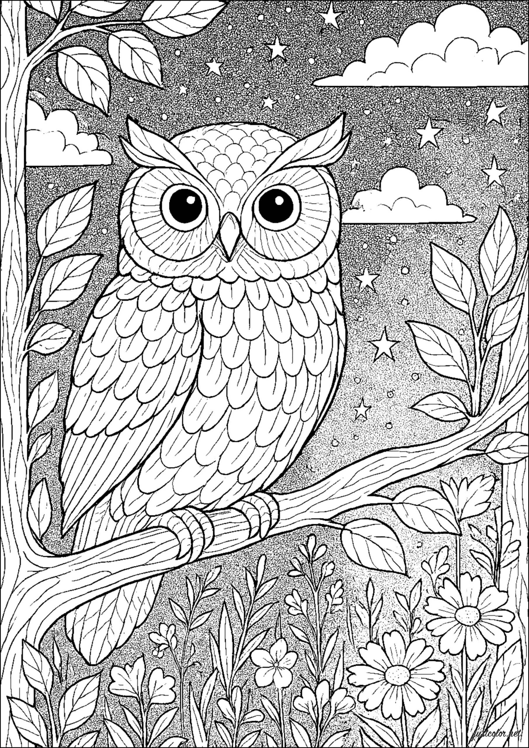 A Vigilant Owl Under A Starry Sky Owl Coloring Pages For Adults