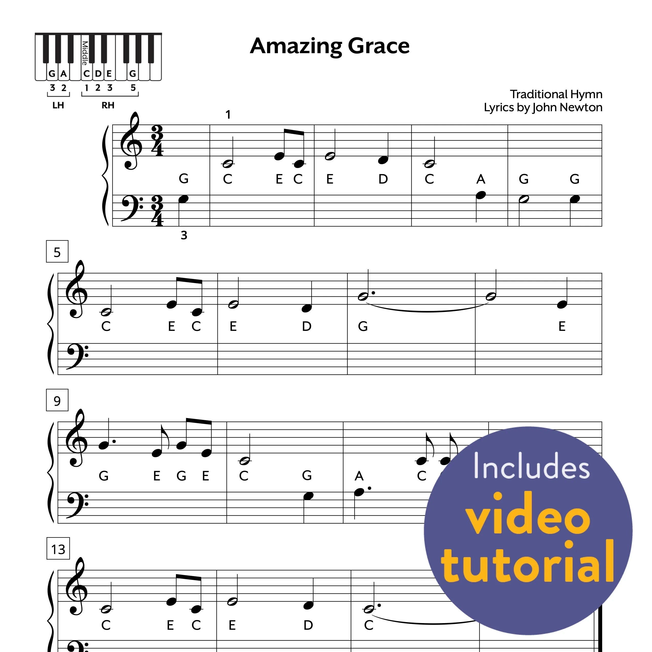 Amazing Grace Piano Sheet Music Super Easy Free Beginner Level