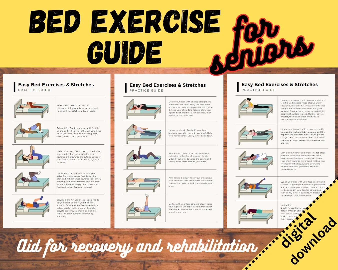 Bed Exercise Guide For Seniors Printable Easy Bed Exercises And Stretches With Images Instructions Yoga For Elderly Physical Therapy Etsy