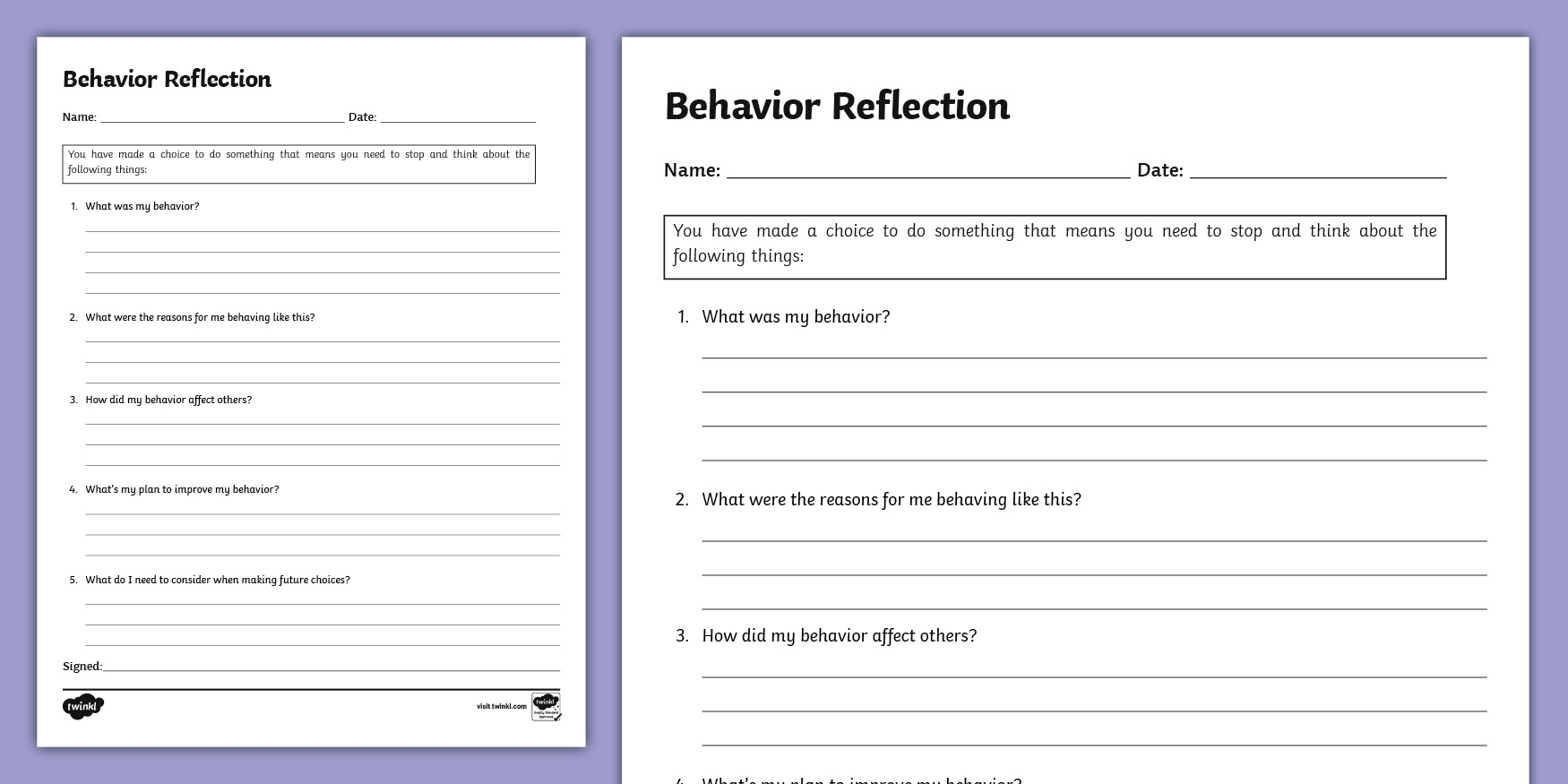 Behavior Reflection Sheet 6th 8th Grade Twinkl