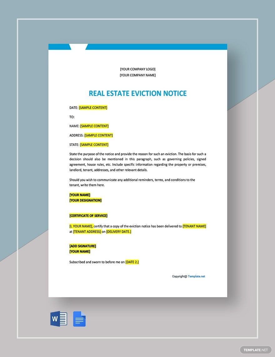 Blank Real Estate Eviction Notice Template In Google Docs Word Download Template